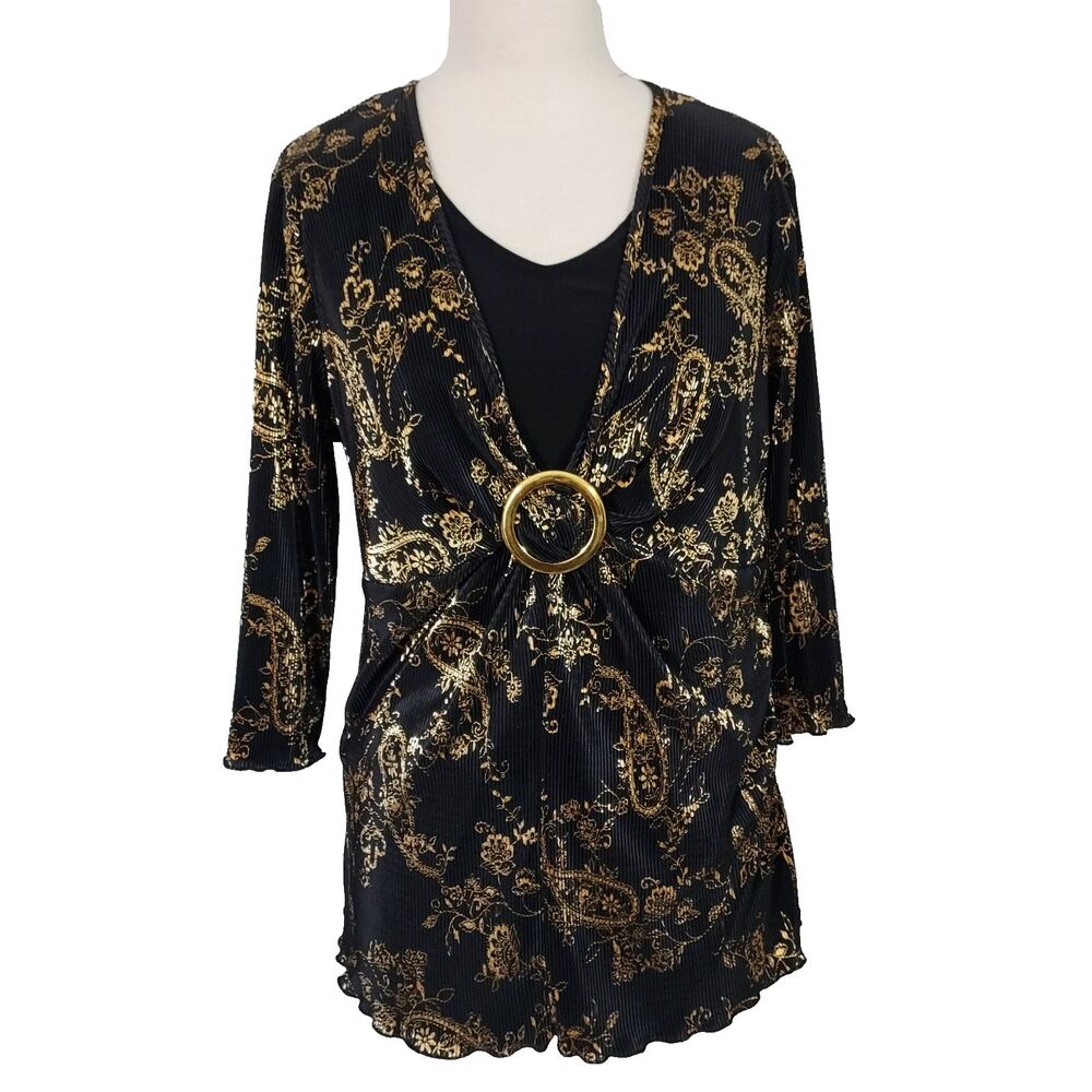 Dressbarn 2Fer Blouse Top Stretch Mini Pleats Womens Plus 1X Black Gold Floral